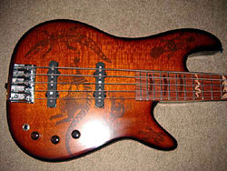 5 string bass with Australian animal designs on body